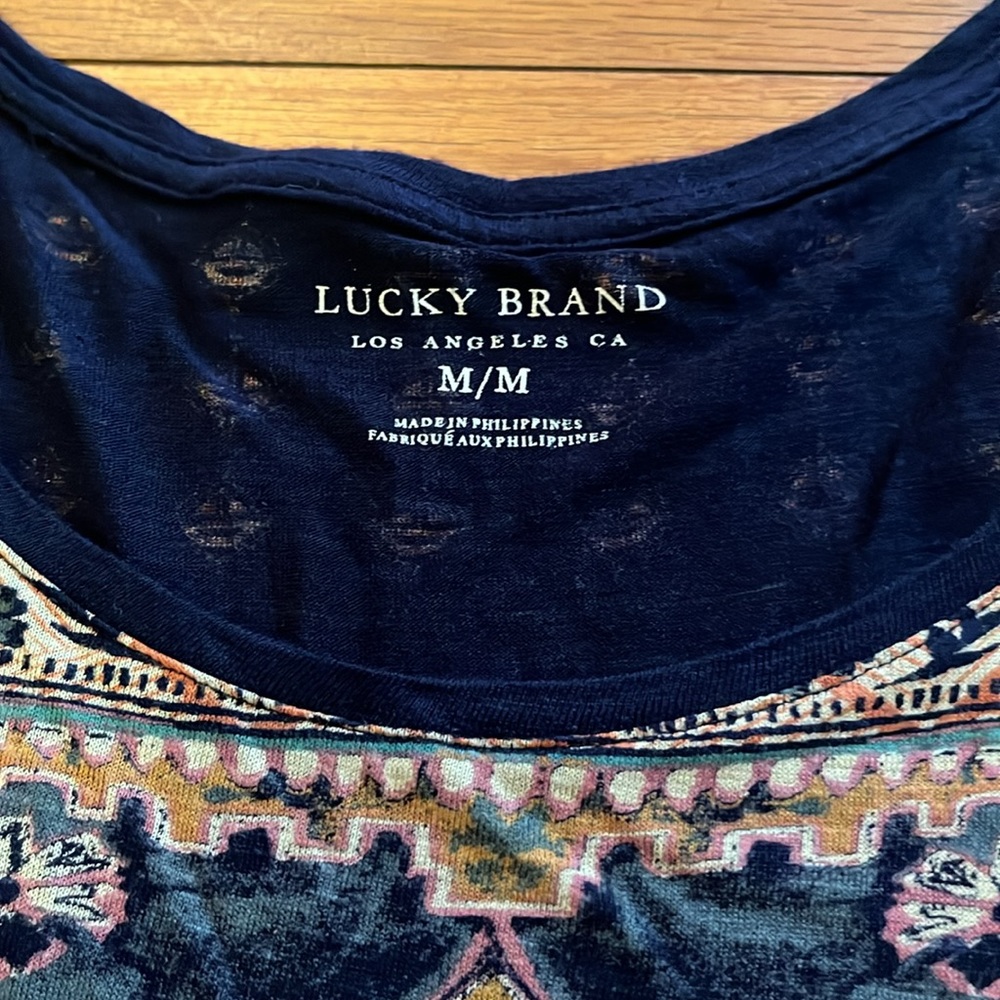 Lucky Brand Top Womens Medium Blue Multicolor Persian Carpet Tee Casual - Picture 7 of 15